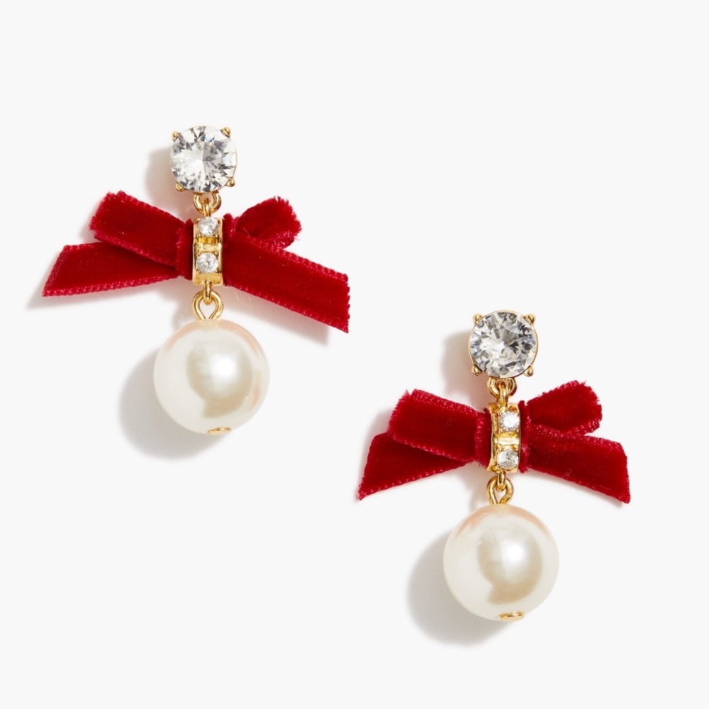 J. Crew Red and Gold Bow Pearl Earrings
